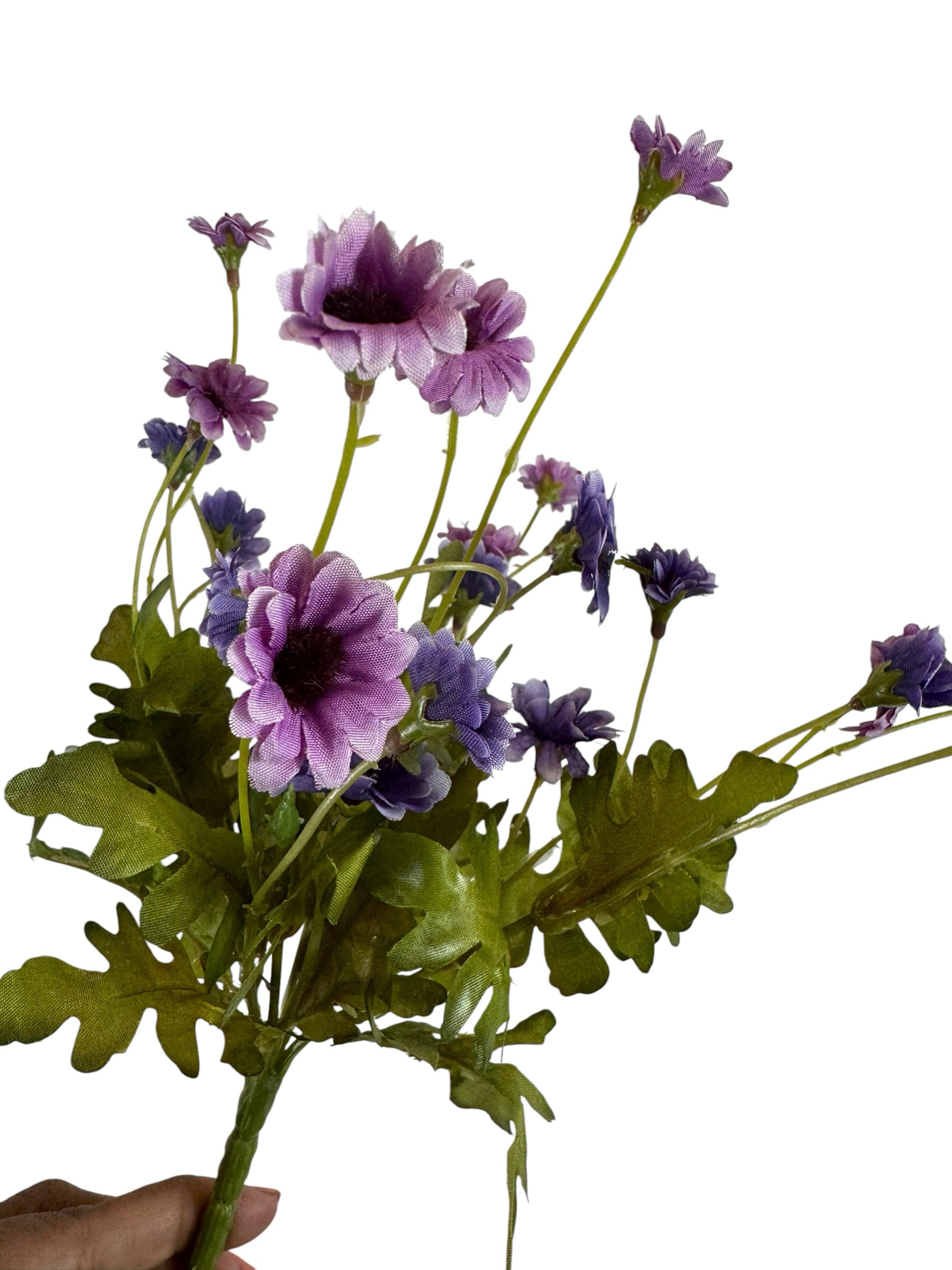 Artificial Bloom purple and lavender fabric daisy bouquet with realistic green foliage on flexible stems