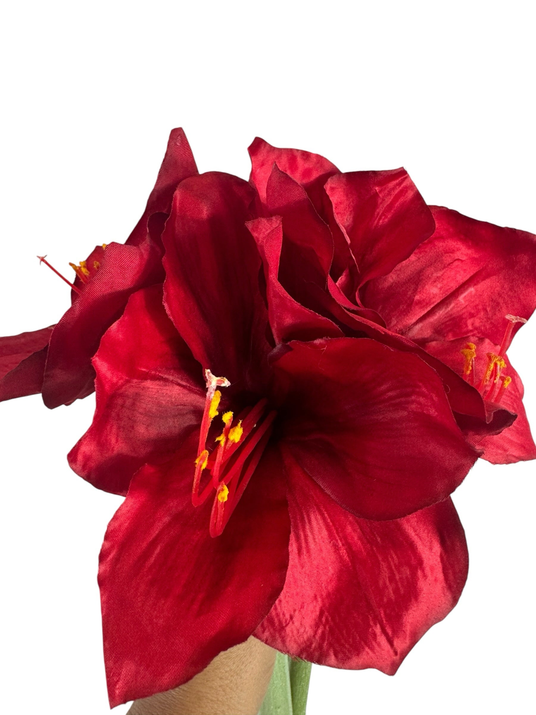 Artificial Bloom lifelike amaryllis flower with deep red velvety petals and yellow stamens on a green stem