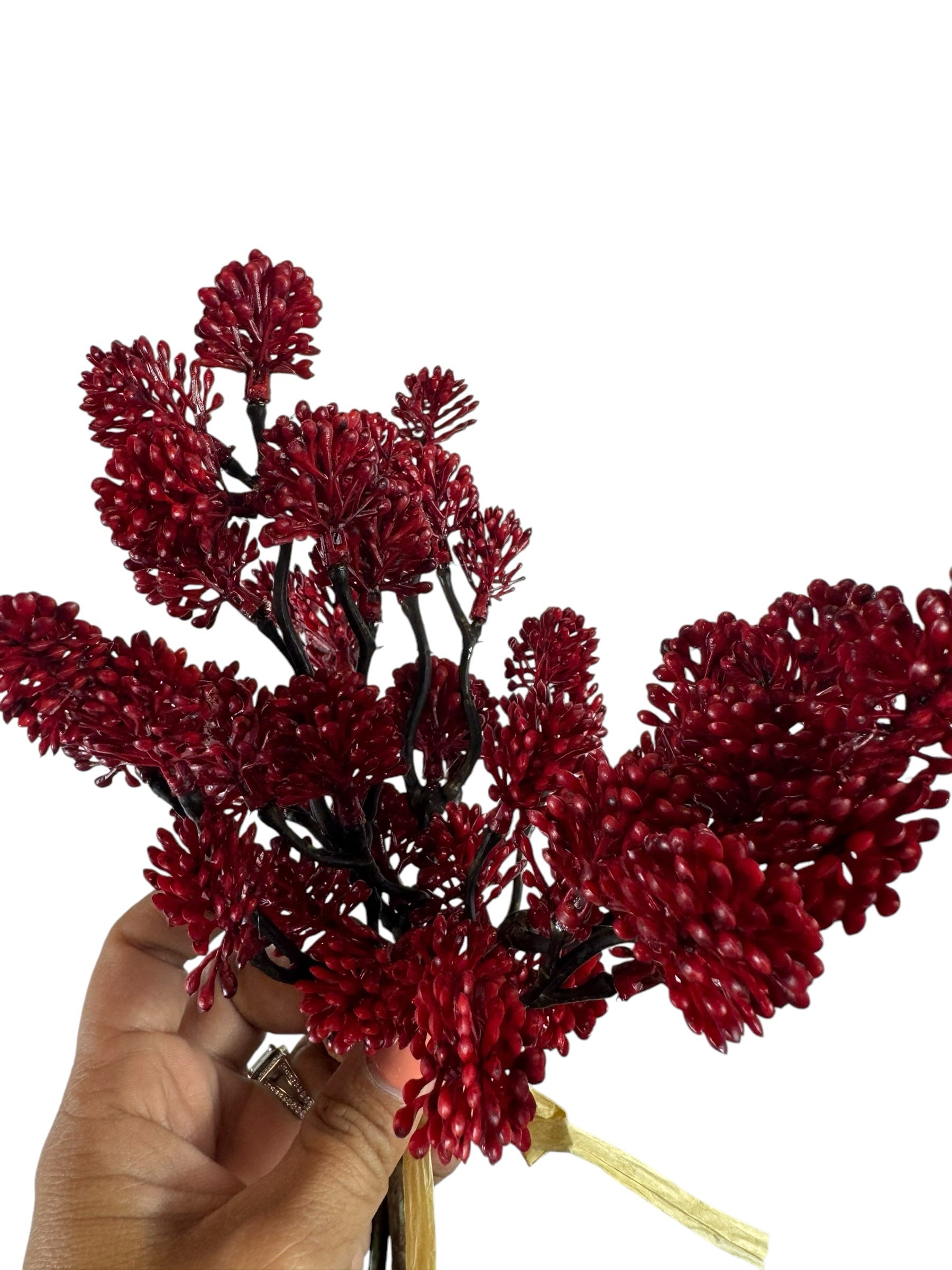 Artificial Bloom red berry branch bundle with textured clusters tied with a ribbon for festive home decor
