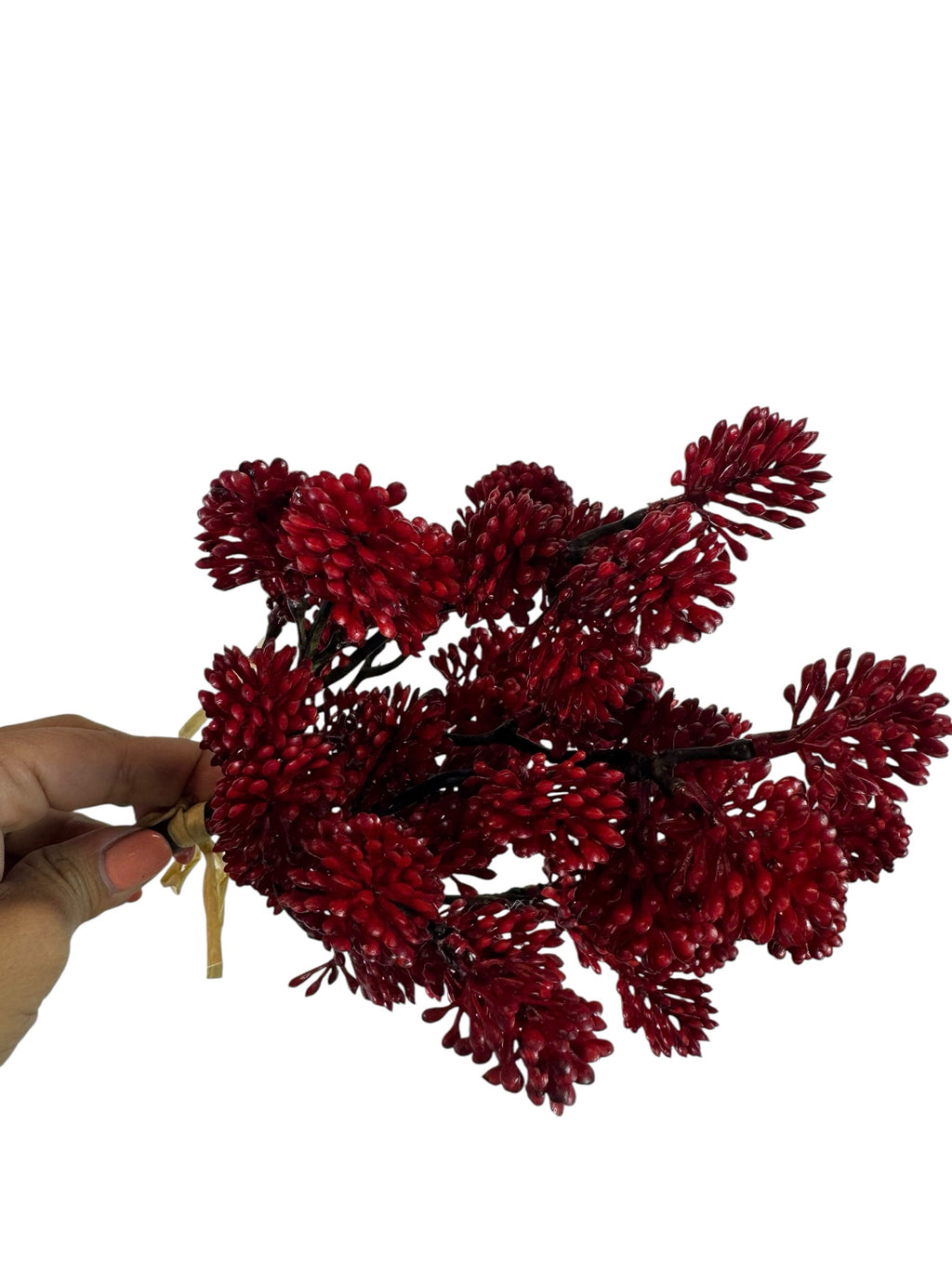 Artificial Bloom decorative red berry branch bundle held in hand, featuring realistic textured clusters for home decor.
