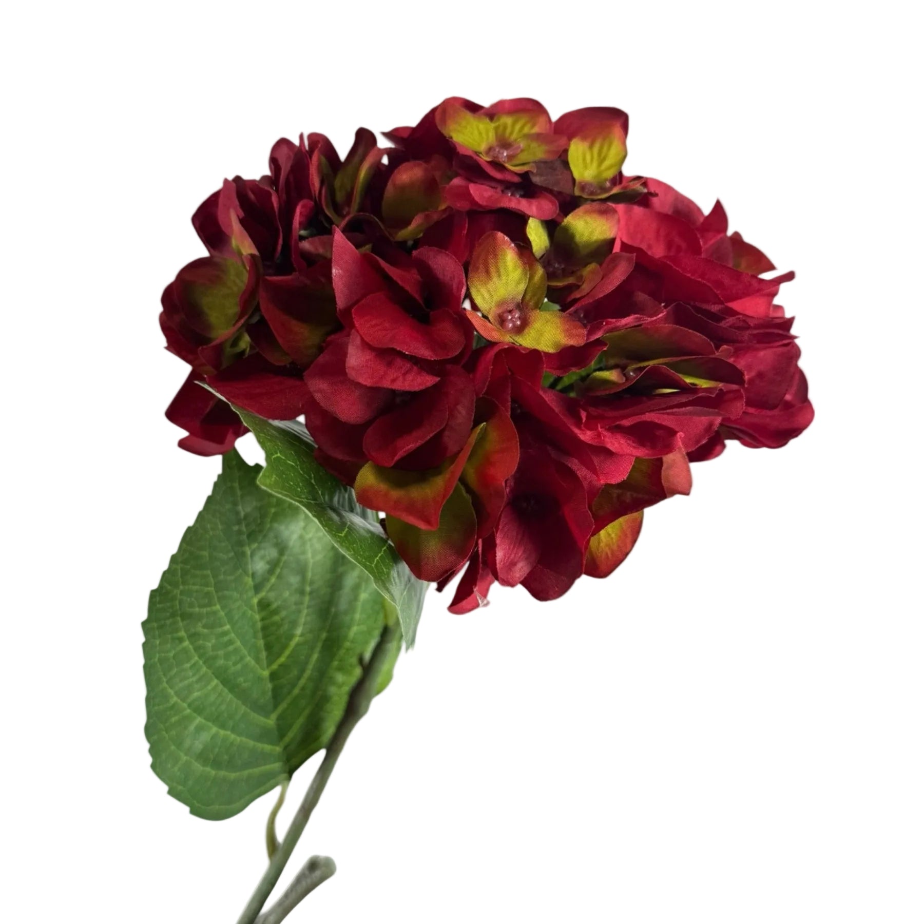 Artificial Bloom deep red fabric hydrangea stem with green undertones and realistic leaf detail on white background