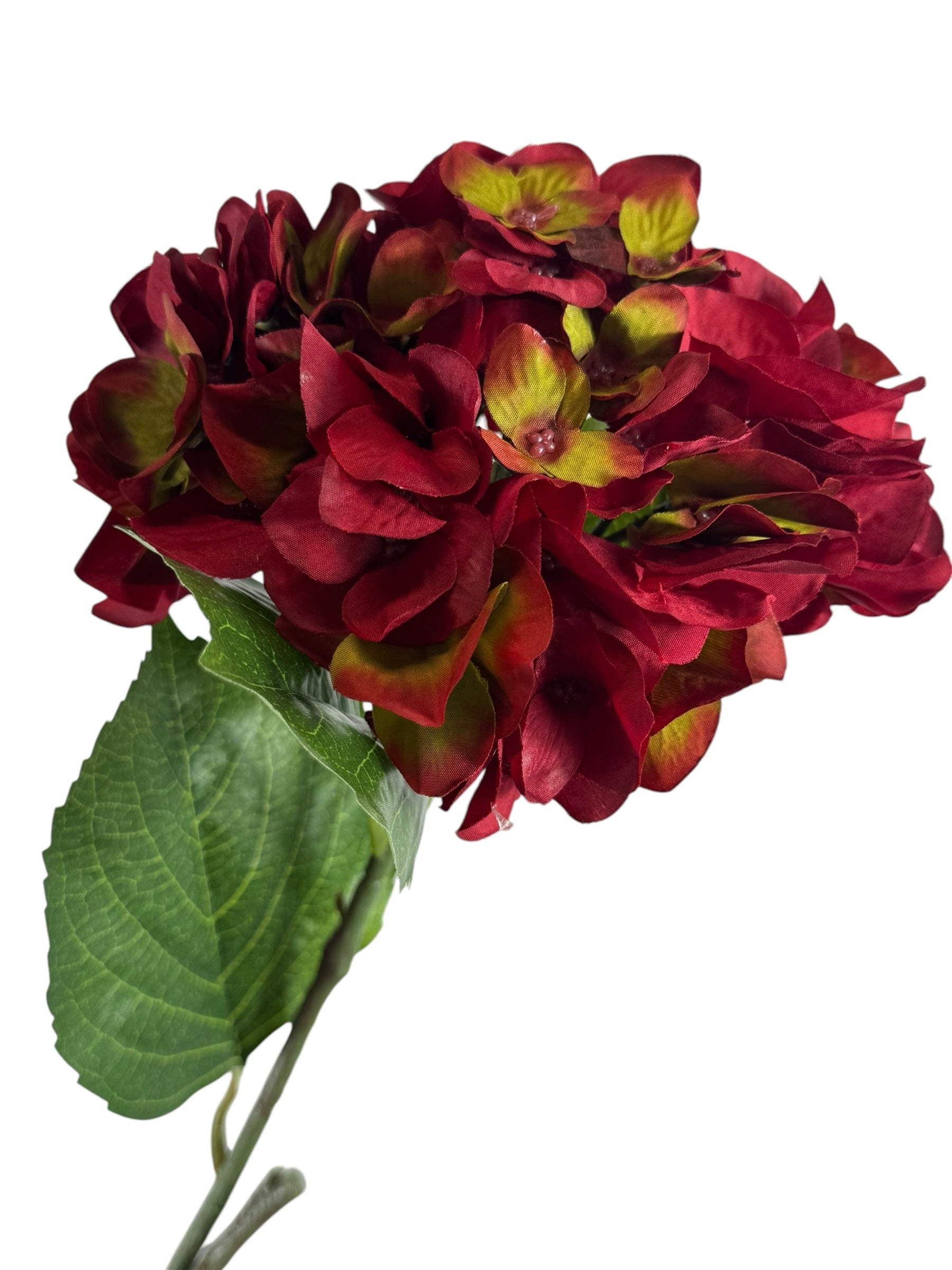 Artificial Bloom deep red fabric hydrangea stem with green undertones and realistic leaf detail on white background