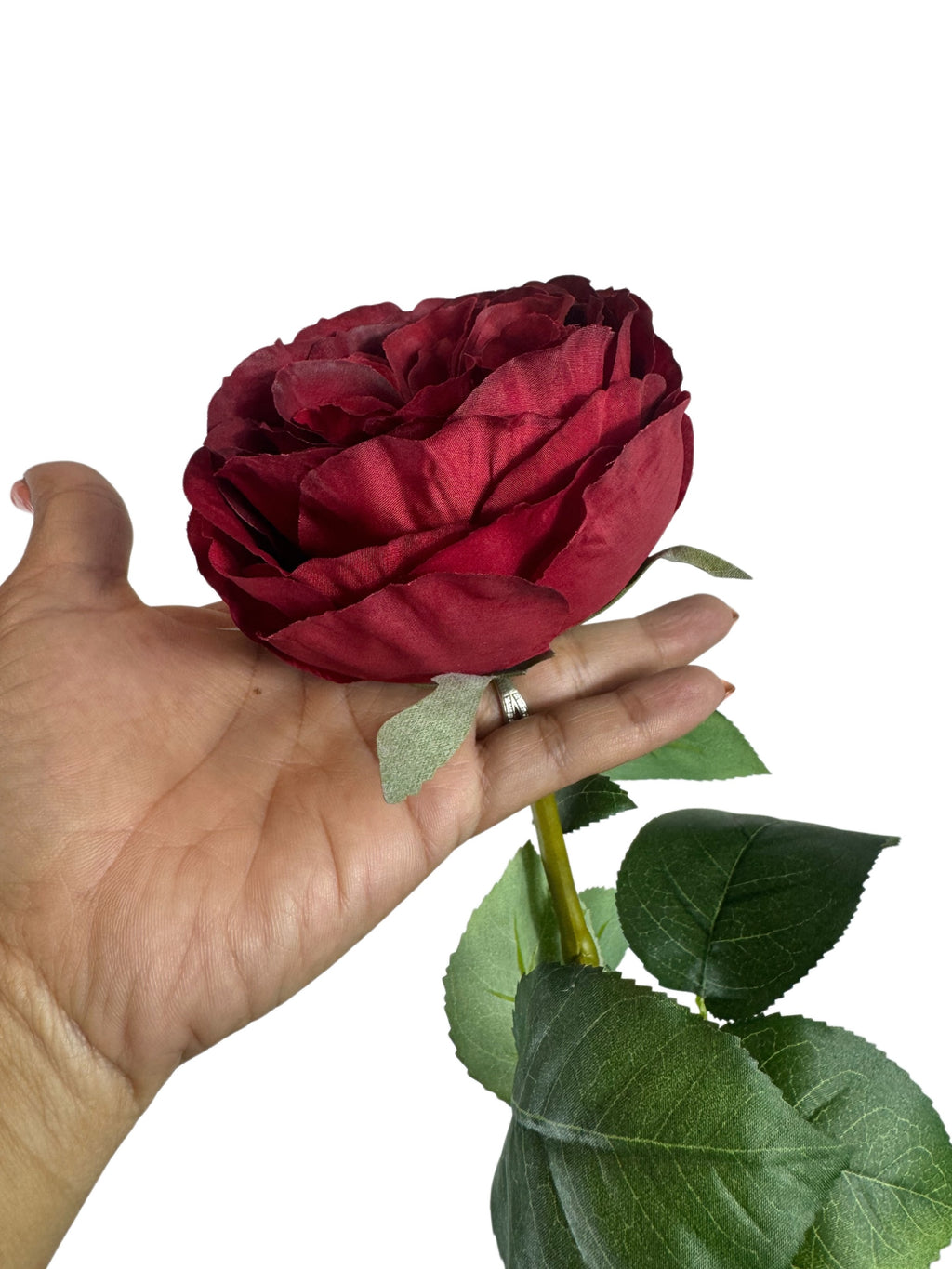 Artificial Bloom deep red faux rose stem with velvety petals and realistic green leaves held in a hand