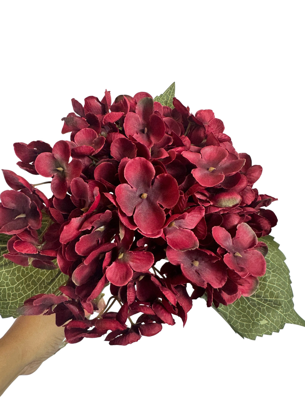 Artificial Bloom deep red faux hydrangea stem with lush velvety petals and realistic green veined leaves