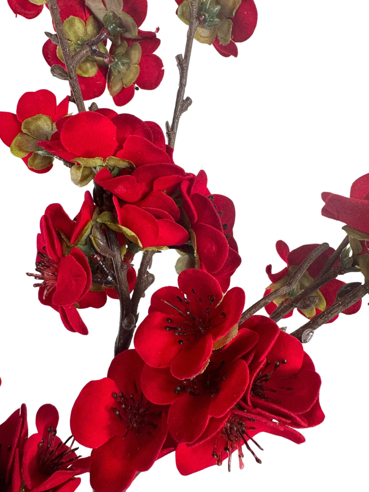 Artificial Bloom red plum blossom branch with realistic deep red petals and detailed brown stems for home decor