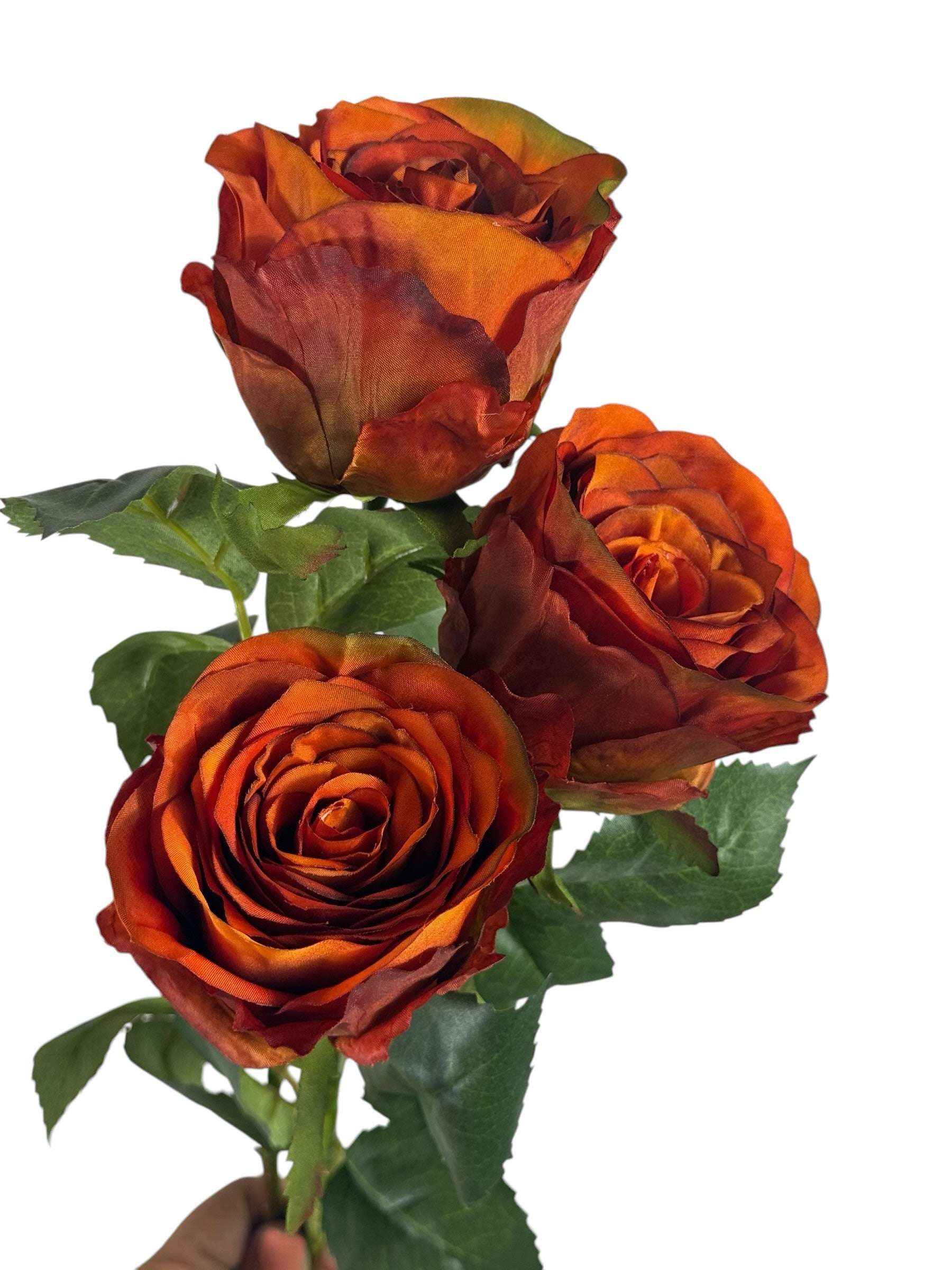 Artificial Bloom rust-orange silk rose stems with multi-tonal terracotta petals and realistic green foliage