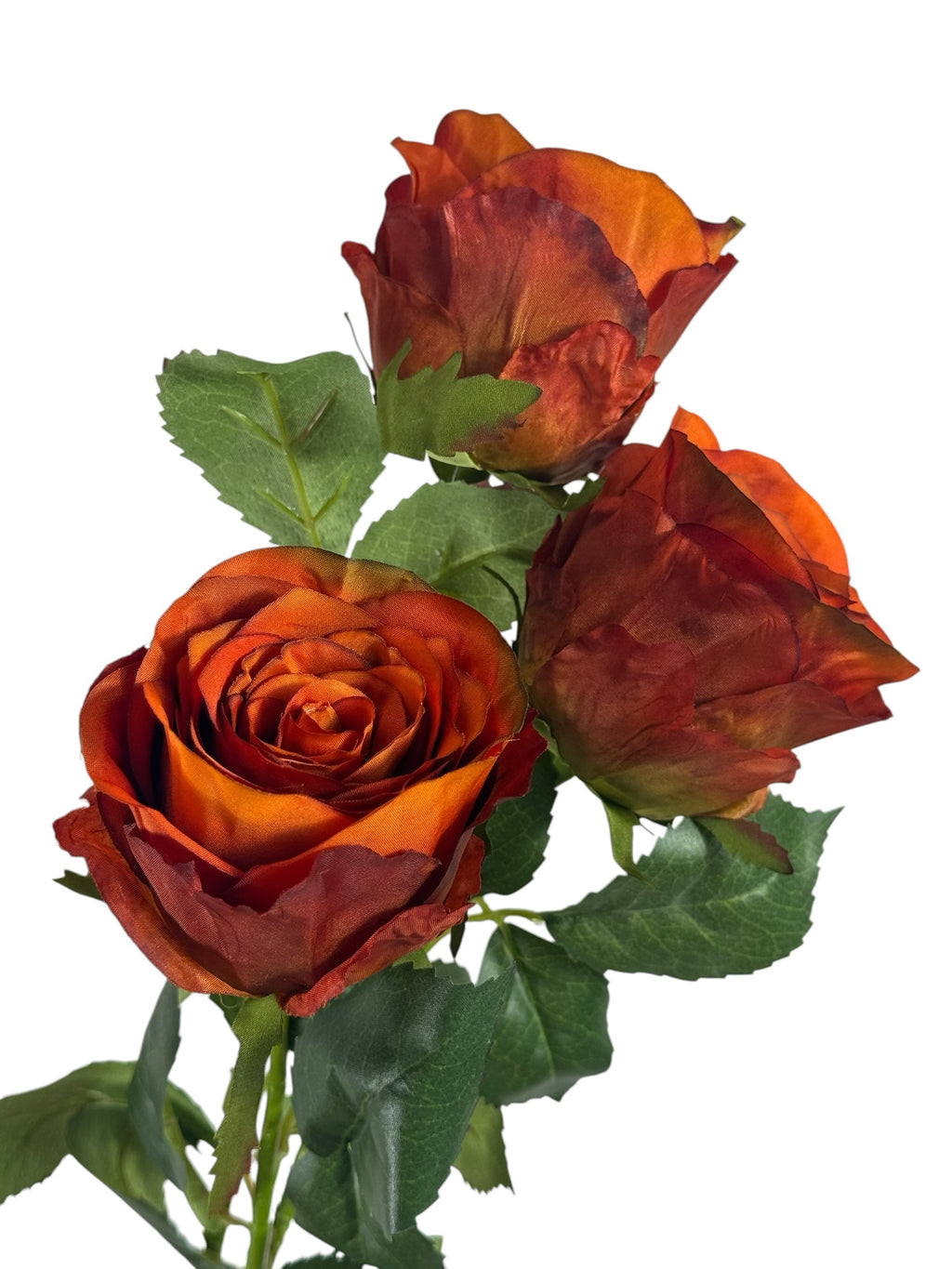 Artificial Bloom rust-orange silk rose stems with multi-tonal fabric petals and realistic green foliage.