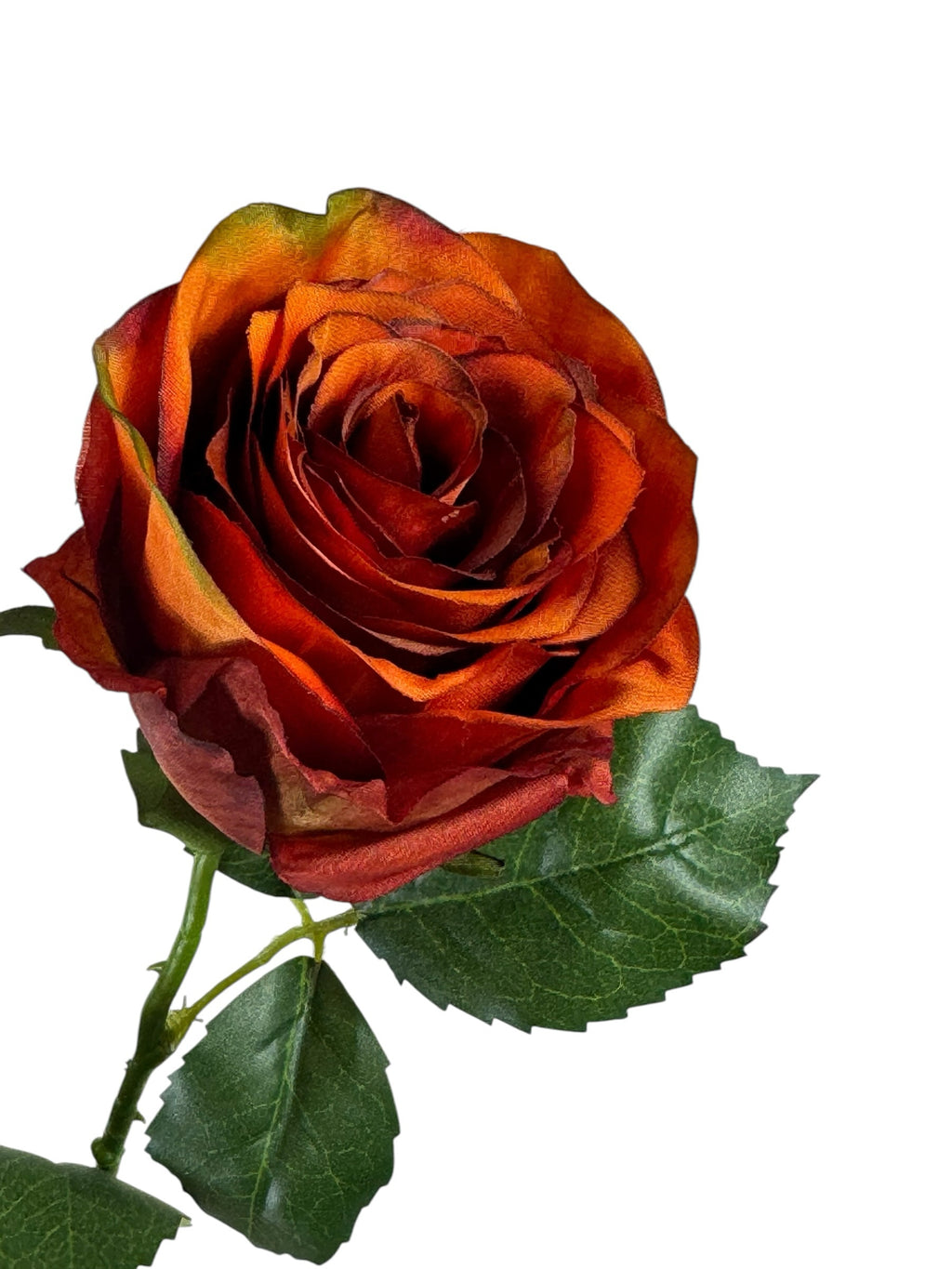Artificial Bloom silk rose stem in rust orange with realistic green foliage and multi-tonal fabric petals