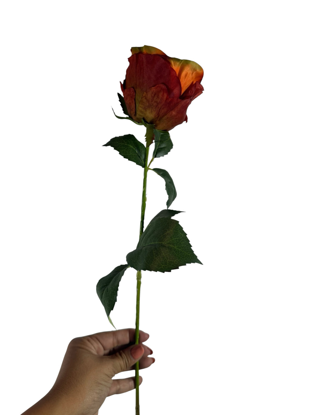 Artificial Bloom rust-orange silk rose stem with realistic green leaves held by a hand against a white background