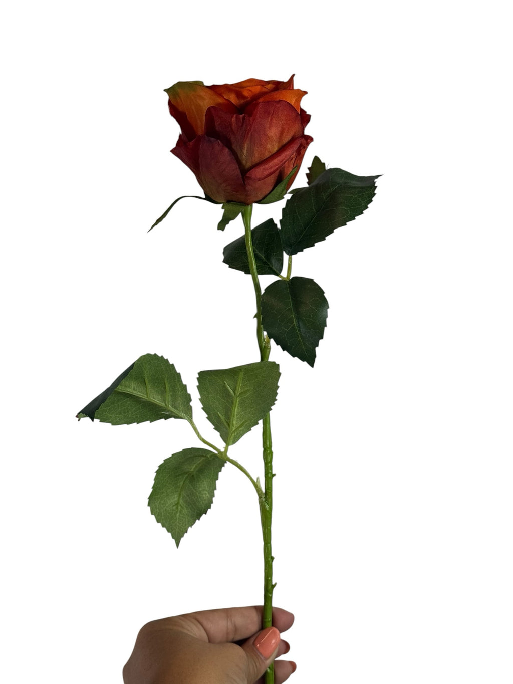 Artificial Bloom rust-orange silk rose stem with realistic green leaves held by a hand against a white background