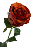 Artificial Bloom rust-orange silk rose stem with multi-tonal fabric petals and realistic green foliage