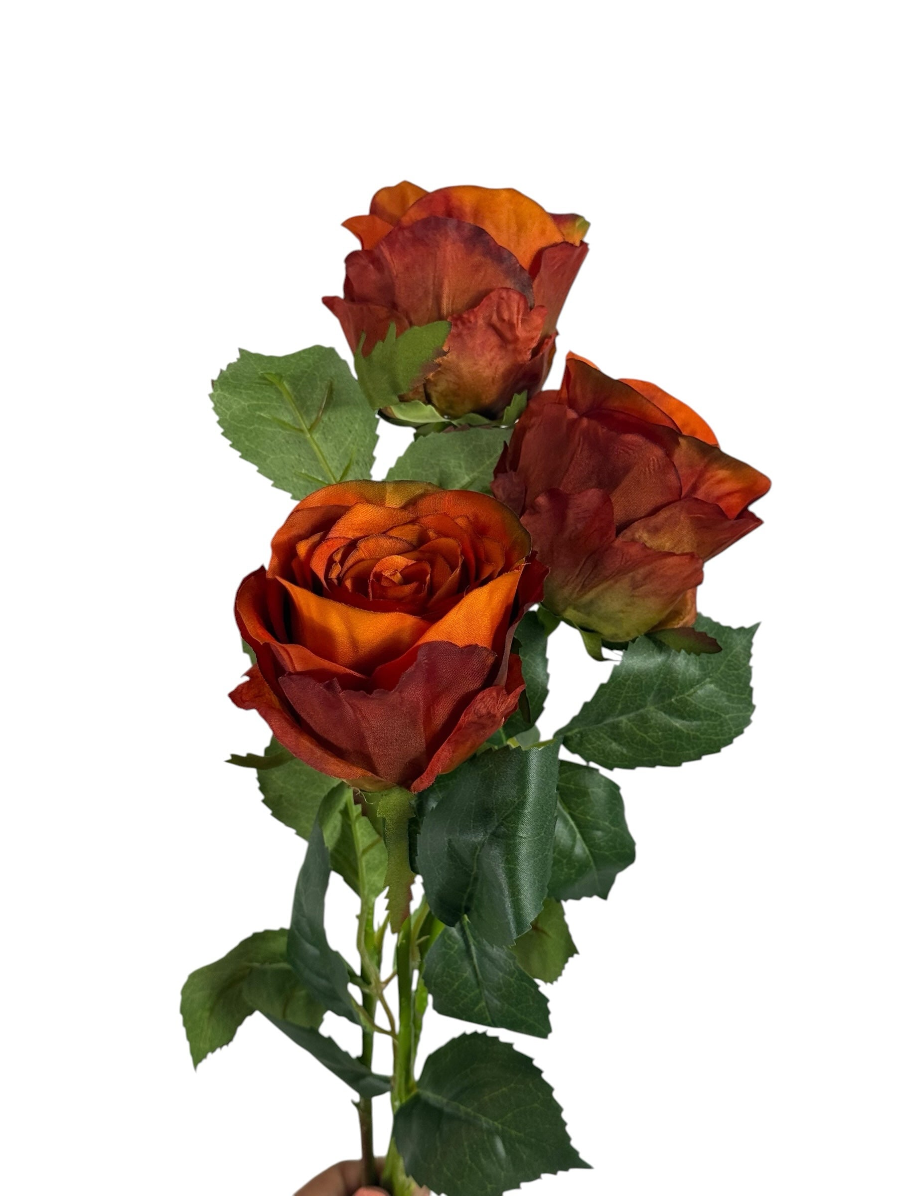 Artificial Bloom rust-orange silk rose stem with realistic multi-tonal fabric petals and green foliage