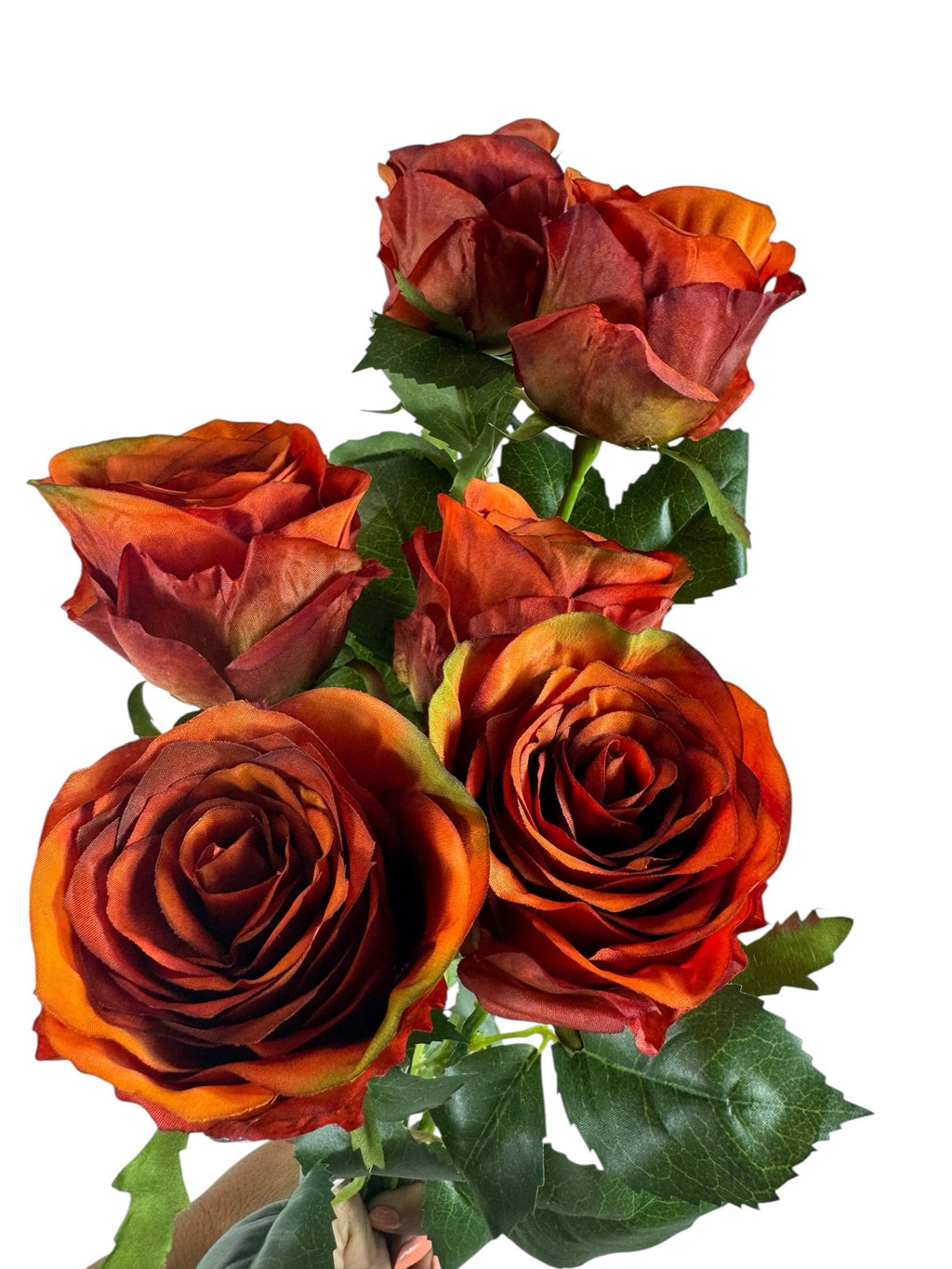 Artificial Bloom rust-orange silk rose stems with realistic multi-tonal fabric petals and green foliage for fall decor