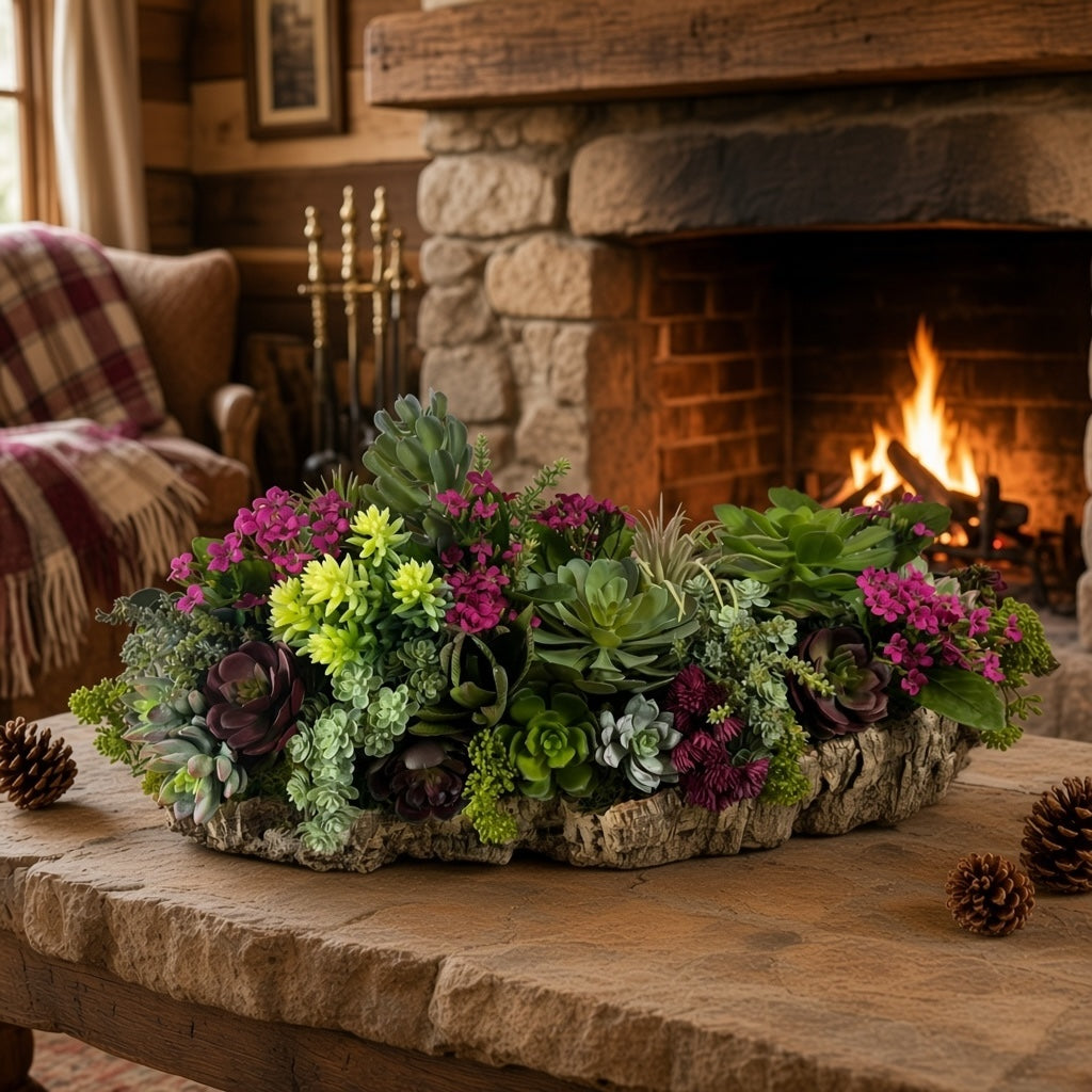 Artificial Bloom succulent centerpiece with green and purple faux plants and magenta flowers in a rustic cork bark base.