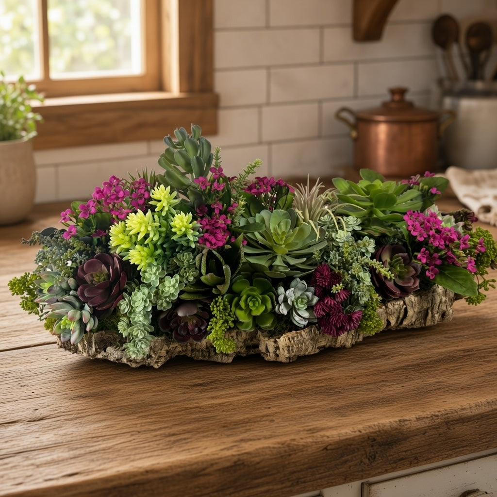 Artificial Bloom succulent garden arrangement with magenta flowers and green foliage in a rustic cork bark base.