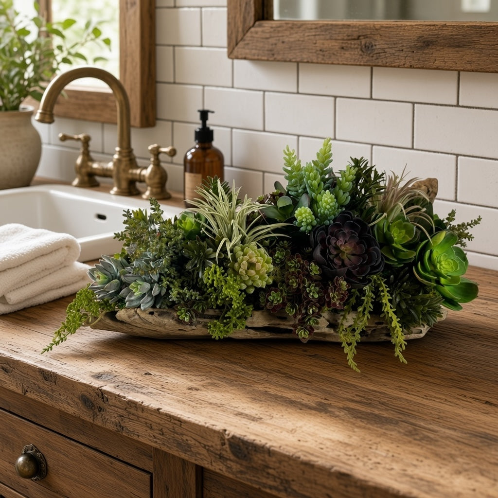 Artificial Bloom succulent arrangement featuring purple and green faux plants in a rustic driftwood base on a vanity.