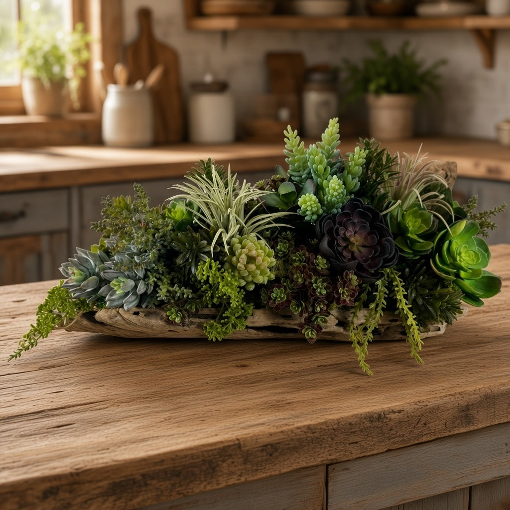 Artificial Bloom succulent arrangement featuring purple and green faux plants in a rustic driftwood base on a table.