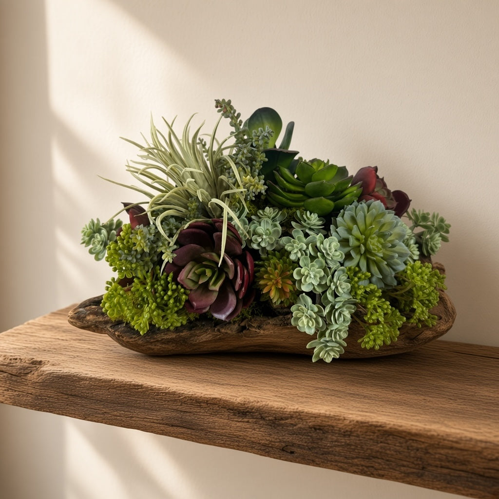 Artificial Bloom succulent arrangement featuring burgundy and green plants in a rustic natural driftwood base.