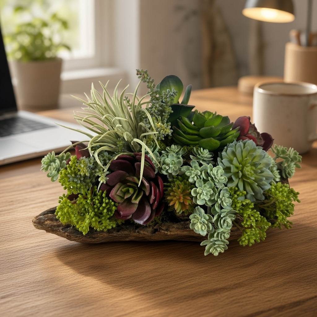 Artificial Bloom succulent arrangement featuring burgundy and green plants in a rustic natural driftwood base on a desk.