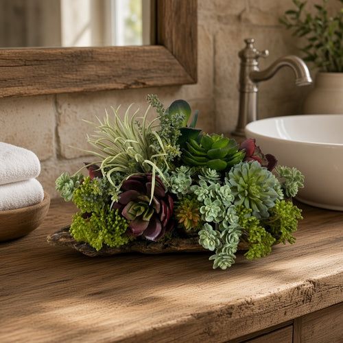 Artificial Bloom succulent arrangement featuring burgundy and green plants in a rustic driftwood base on a vanity.