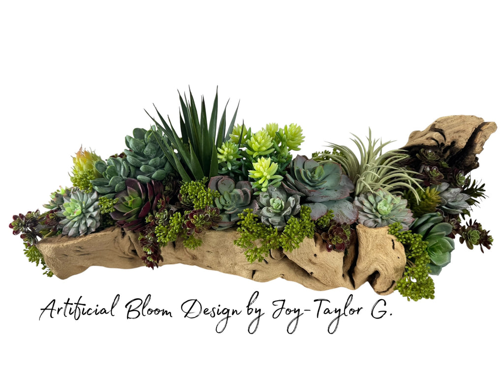 Artificial Bloom succulent arrangement featuring echeveria, agave, and sedum in a rustic natural driftwood base.