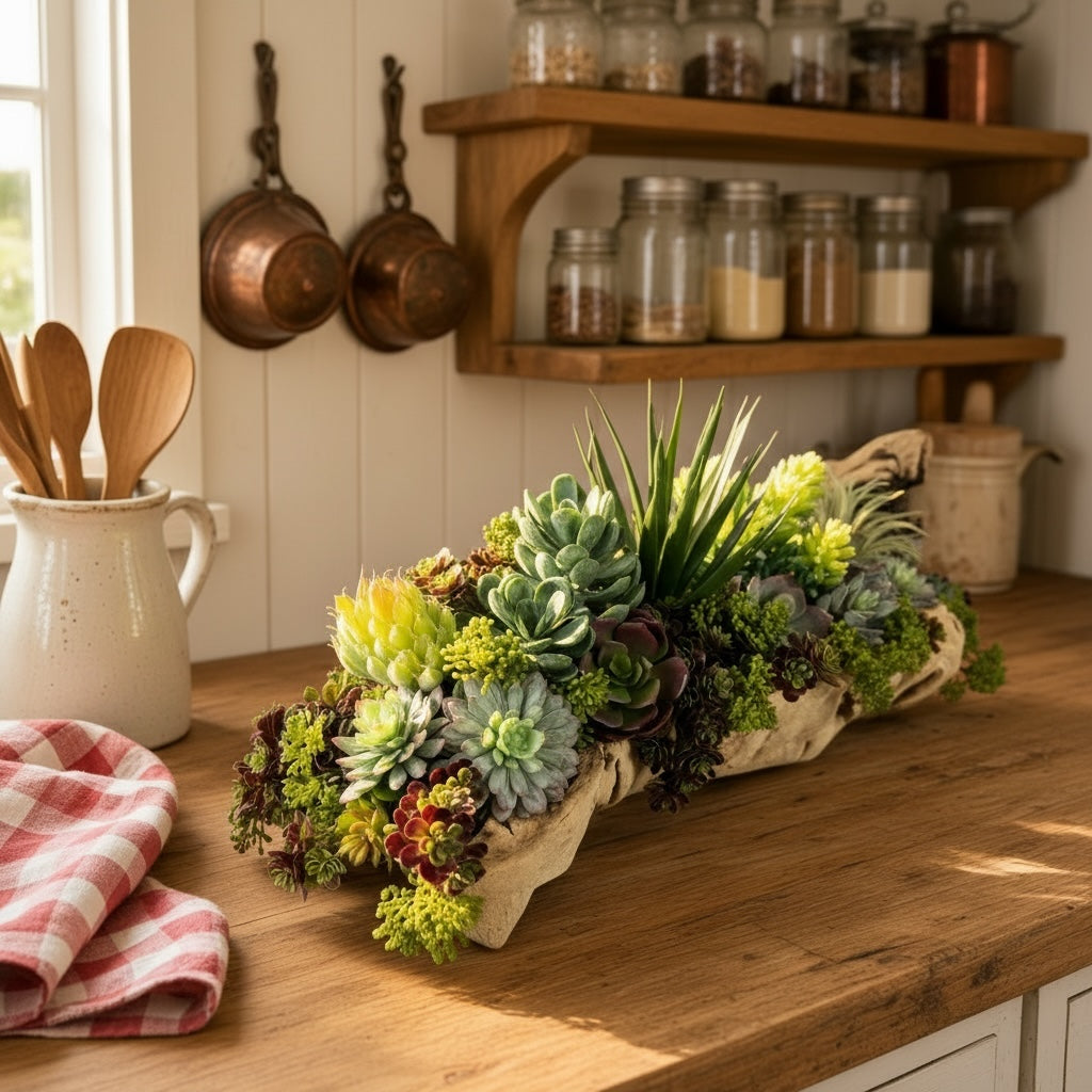 Artificial Bloom succulent arrangement featuring echeveria and agave in a rustic driftwood base on a kitchen counter.