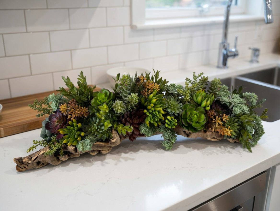 Artificial Bloom succulent centerpiece featuring green and burgundy faux plants in a rustic natural driftwood planter.