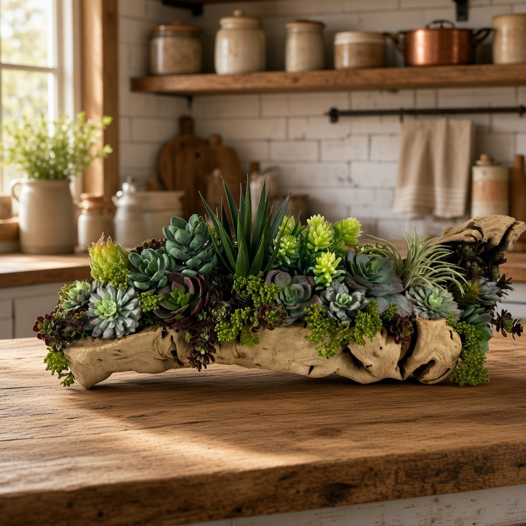 Artificial Bloom succulent arrangement featuring echeveria and agave in a rustic driftwood base on a wooden table.