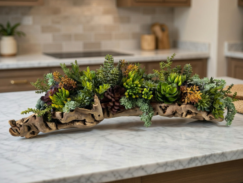 Artificial Bloom succulent arrangement featuring green, burgundy, and gold plants in a rustic natural driftwood planter.
