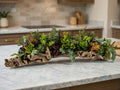 Artificial Bloom succulent arrangement featuring green, burgundy, and gold plants in a rustic natural driftwood planter.