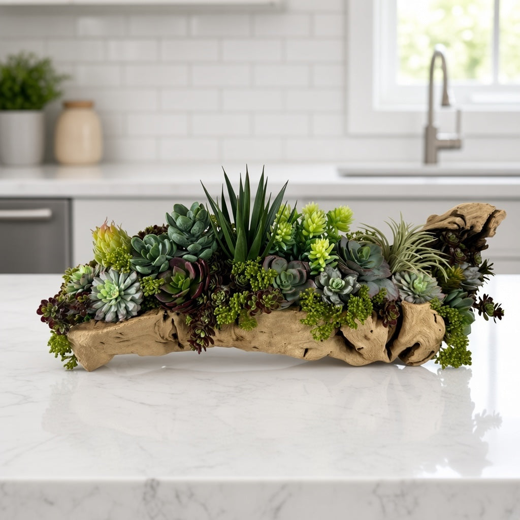 Artificial Bloom succulent arrangement featuring echeveria and agave in a rustic driftwood base on a kitchen counter.