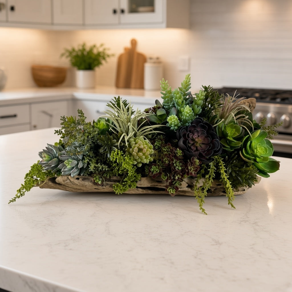 Artificial Bloom succulent arrangement in a rustic driftwood base featuring purple, lime, and sage green faux plants.