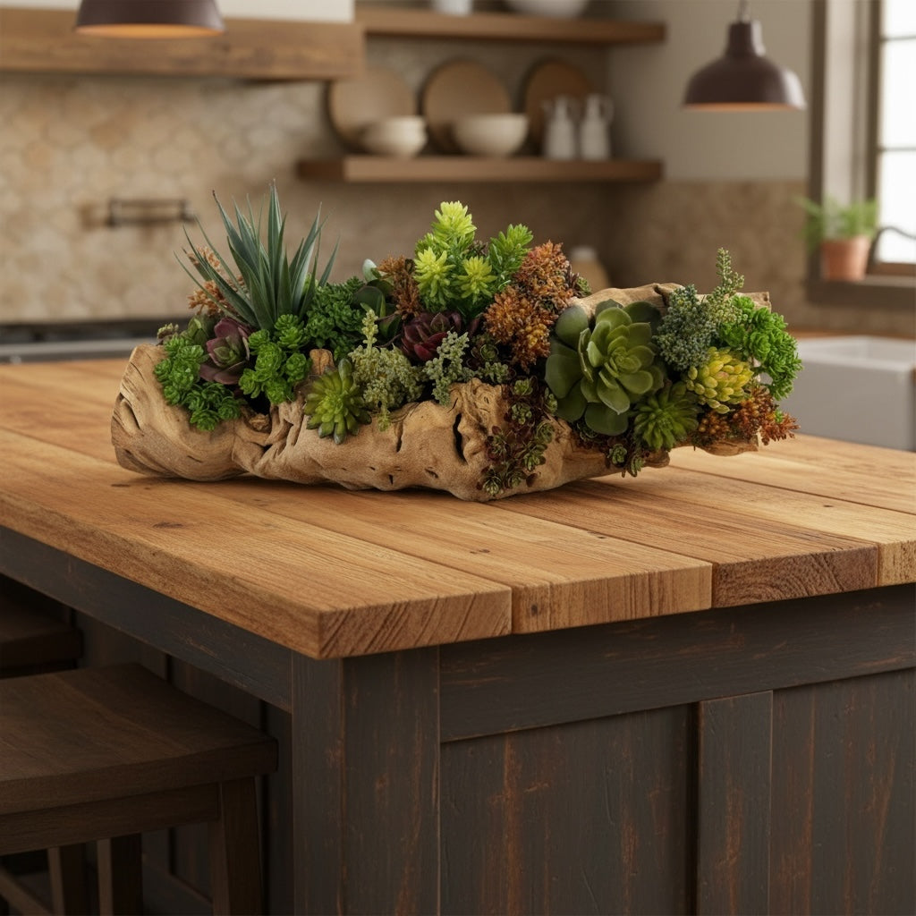 Artificial Bloom succulent arrangement featuring vibrant green and purple plants in a rustic natural driftwood base.