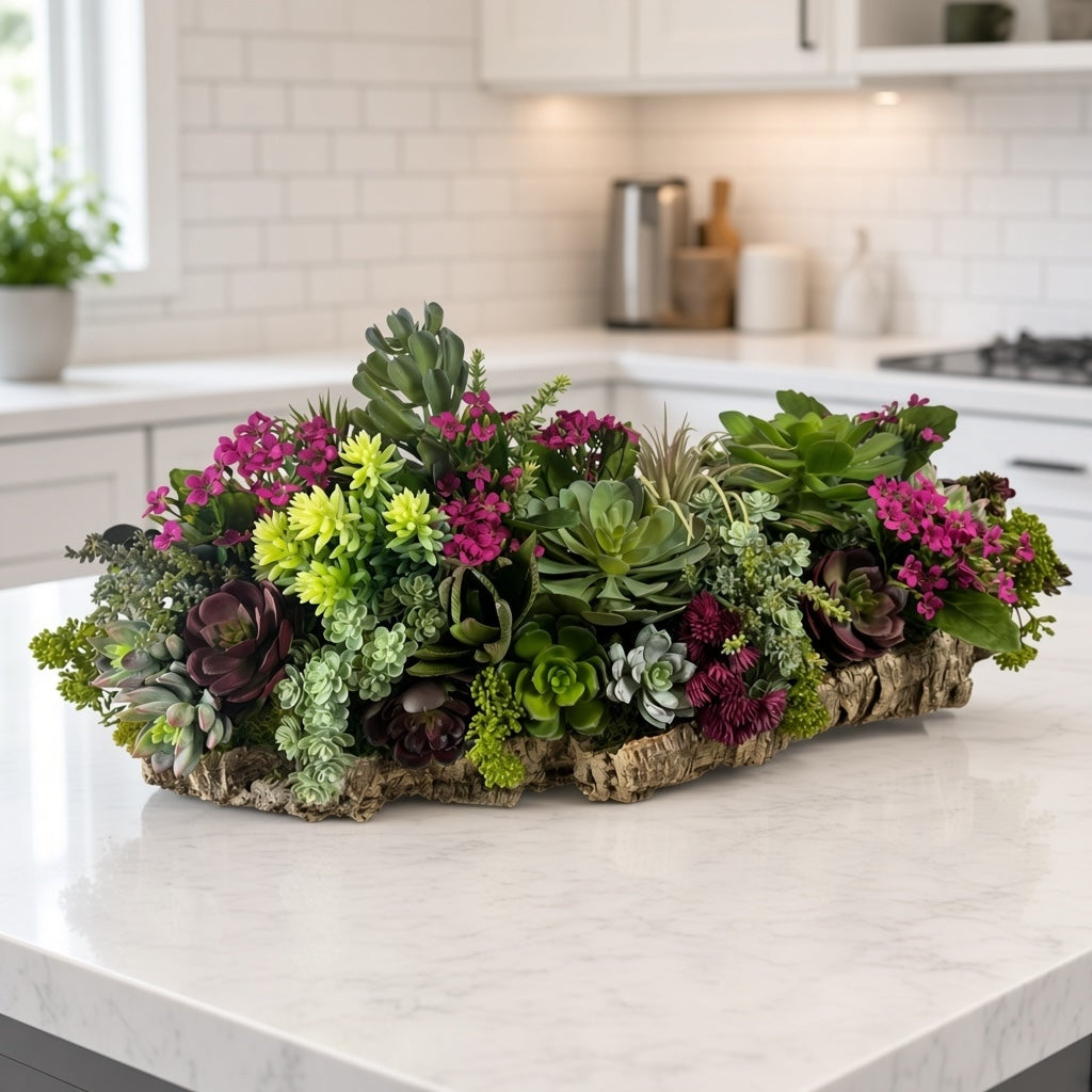 Artificial Bloom succulent and magenta floral centerpiece in a rustic cork bark base on a white kitchen countertop.