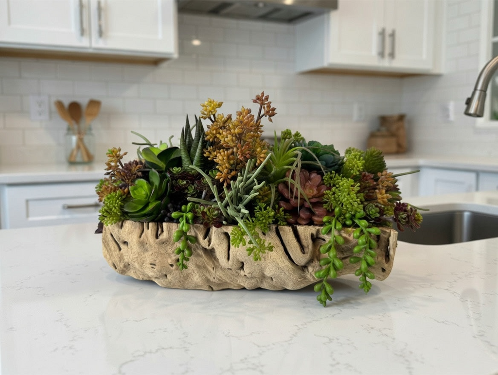 Artificial Bloom succulent arrangement in a textured driftwood-style bowl on a white kitchen island countertop.