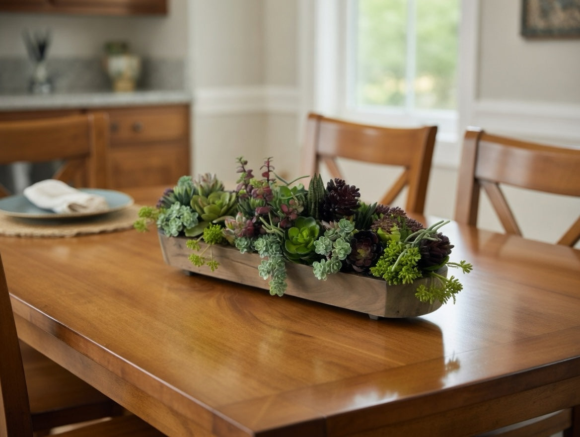 Artificial Bloom succulent arrangement featuring green and burgundy faux plants in a rustic wooden trough centerpiece.
