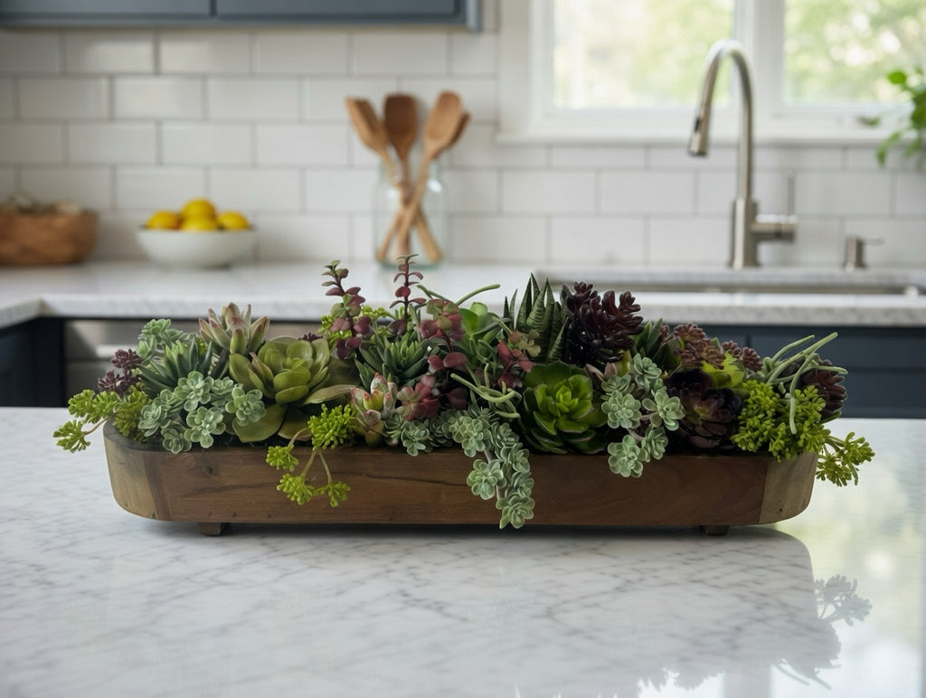 Artificial Bloom succulent arrangement in a rustic wooden trough featuring green and burgundy faux plants on a counter