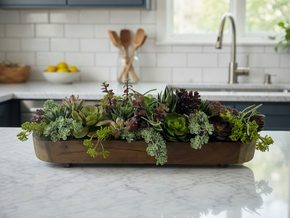 Artificial Bloom succulent arrangement in a rustic wooden trough featuring green and burgundy faux plants on a counter