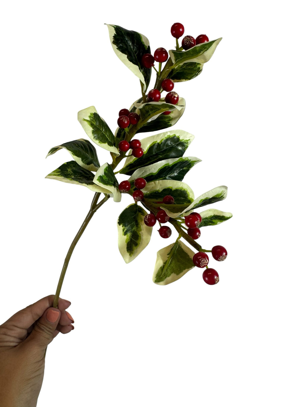 Artificial Bloom artificial holly berry stem with variegated green and white leaves and glossy red berries