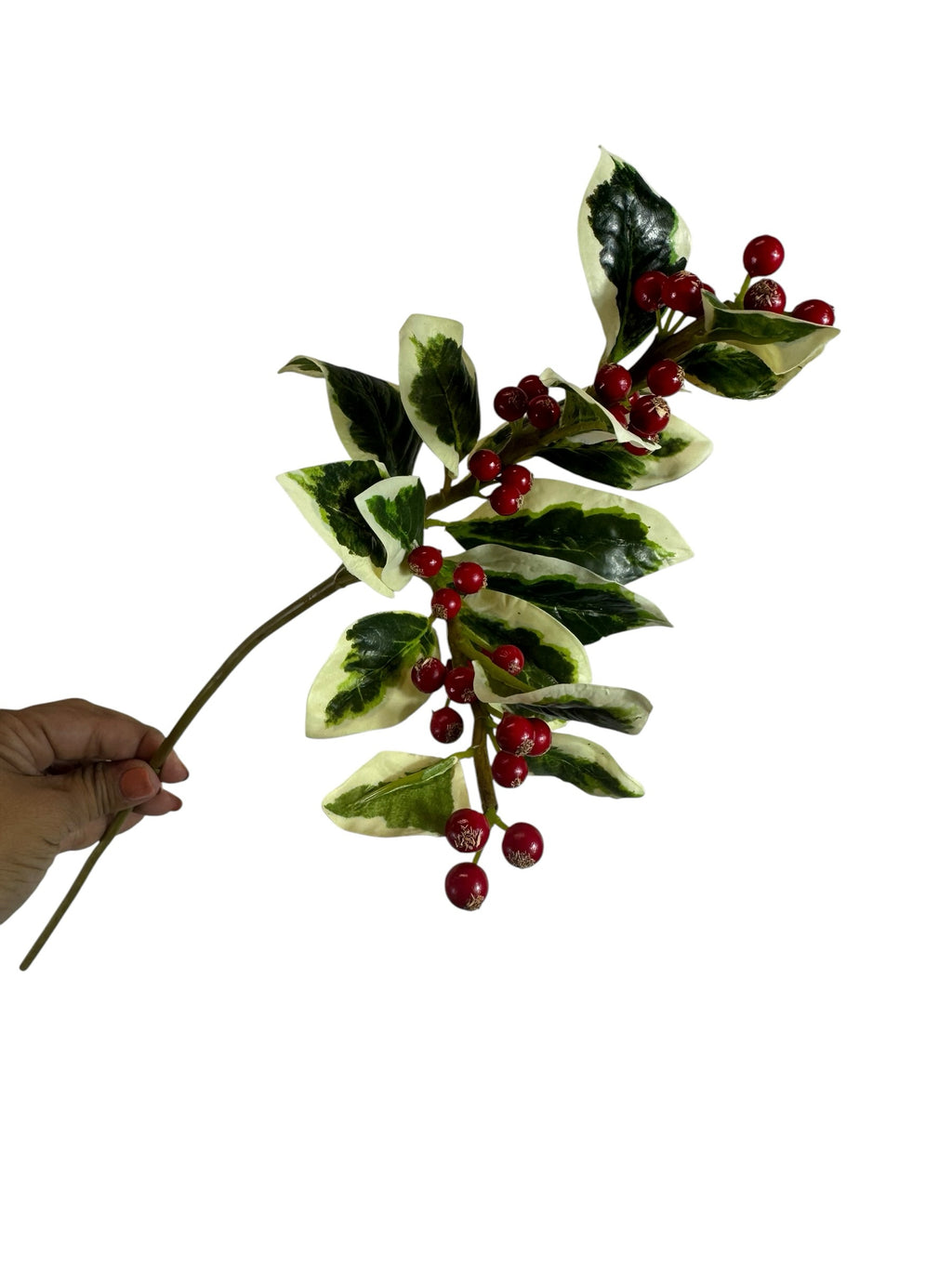 Artificial Bloom artificial holly berry stem with variegated green and white leaves and glossy red berries
