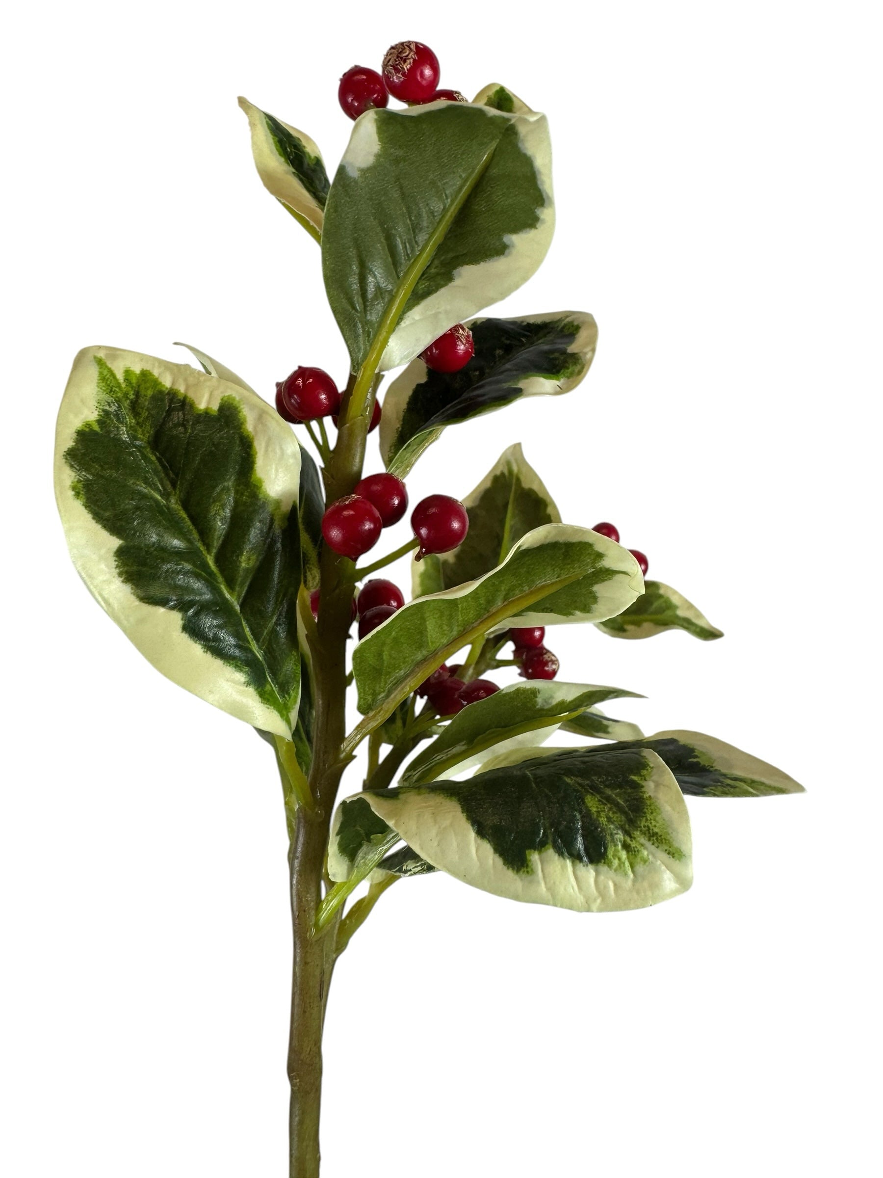 Artificial Bloom decorative holly stem with variegated green and white leaves and glossy red berries for holiday decor