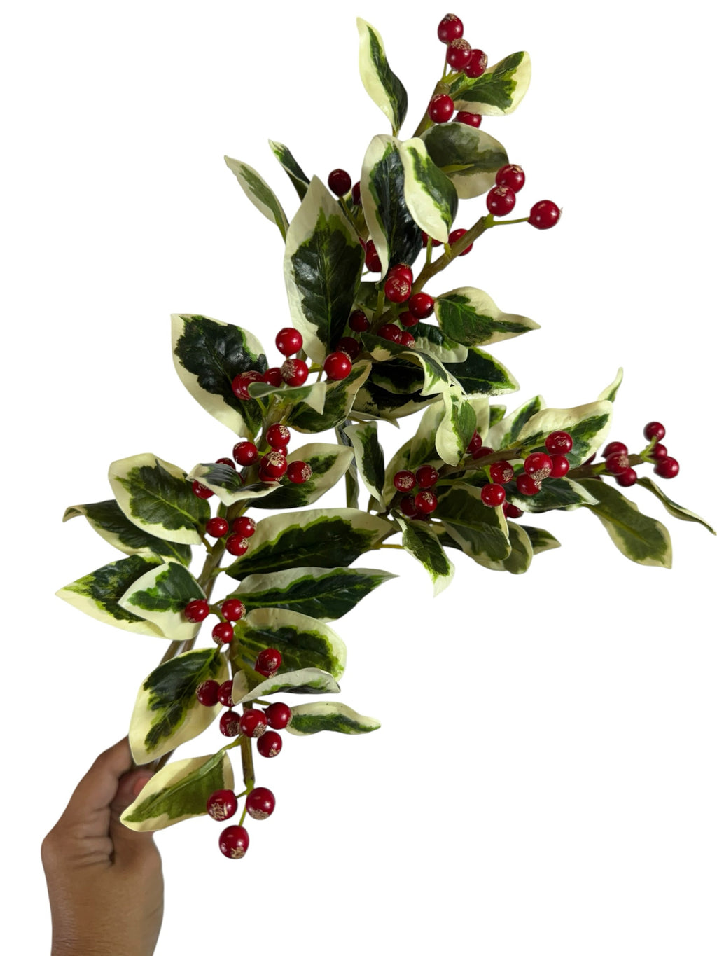 Artificial Bloom artificial holly berry stem with variegated green and white leaves and glossy red berries