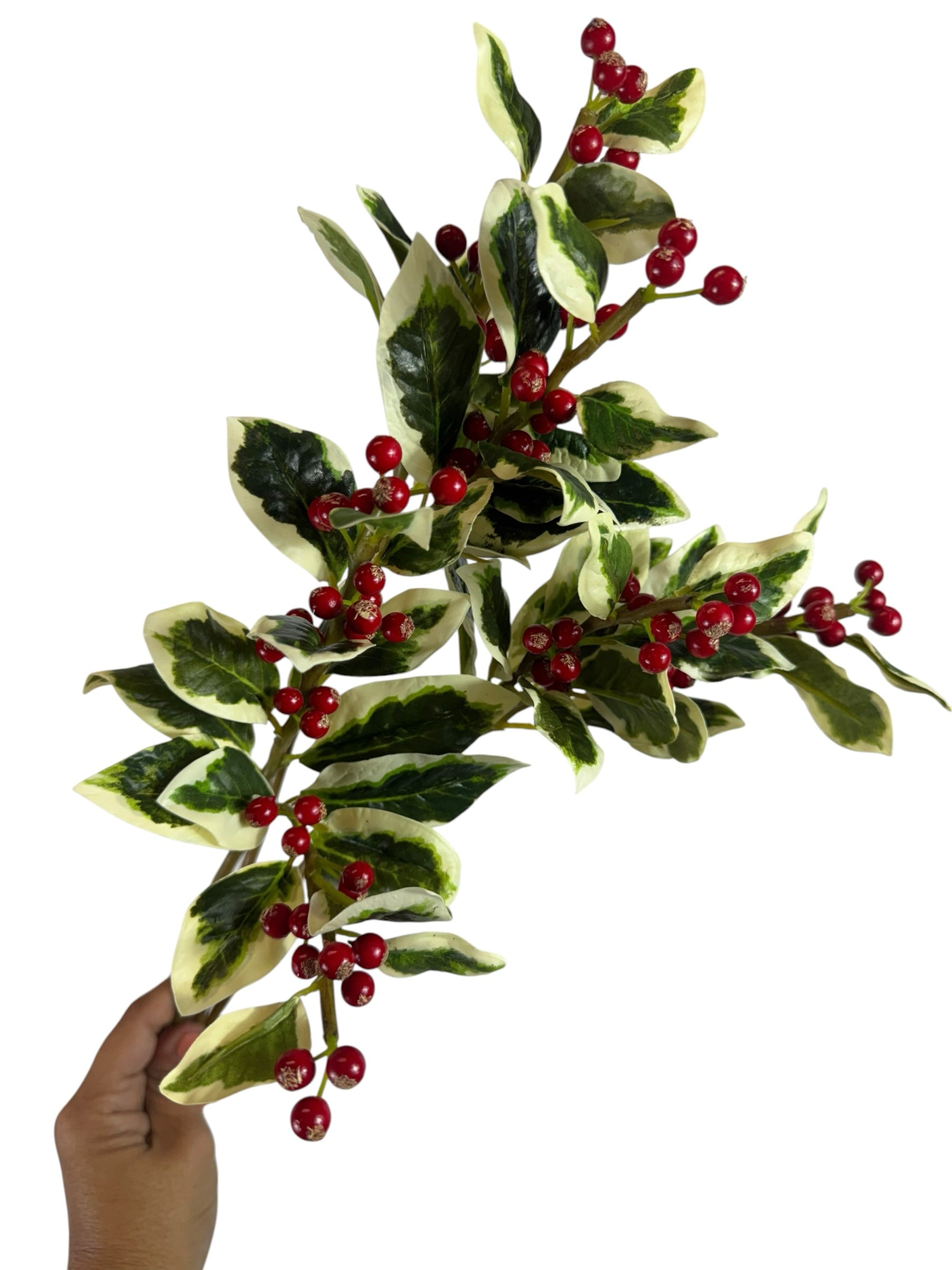 Artificial Bloom artificial holly berry stem with variegated green and white leaves and glossy red berries