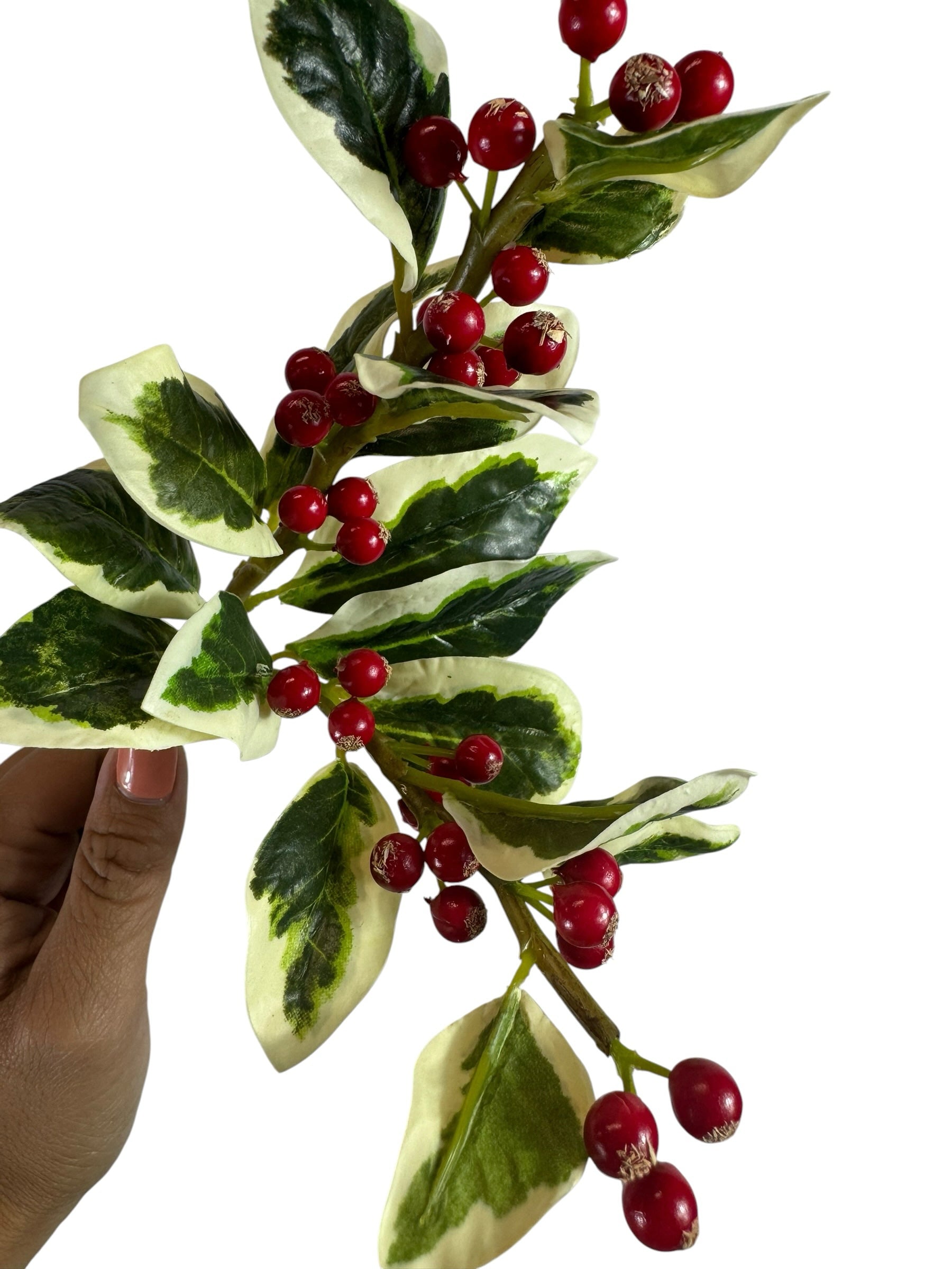 Artificial Bloom artificial holly berry stem with variegated green and white leaves and glossy red berries