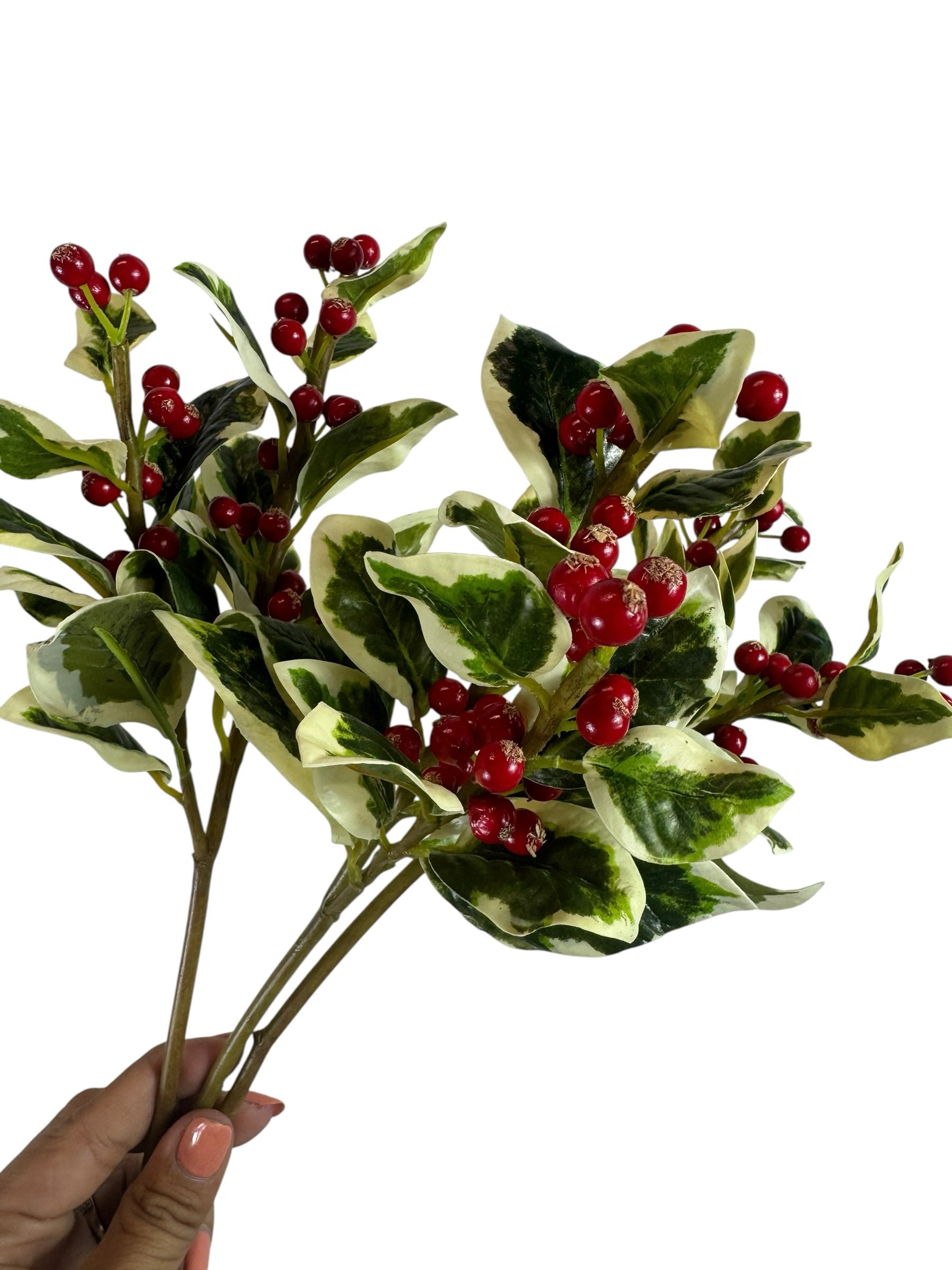 Artificial Bloom decorative holly berry stem with variegated green and white leaves and glossy red berries