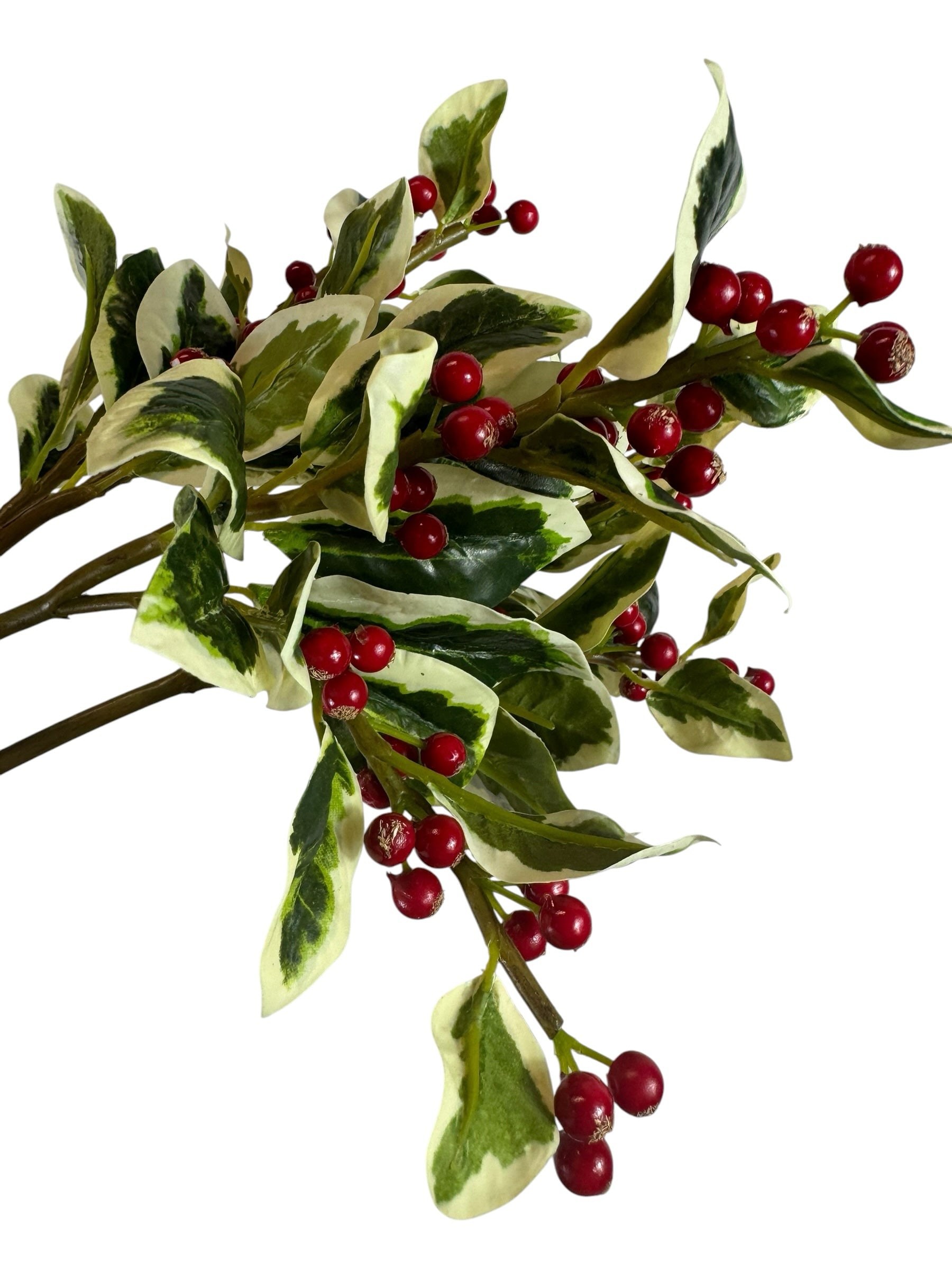 Artificial Bloom decorative holly stem with variegated green and white leaves and glossy red berries for holiday decor