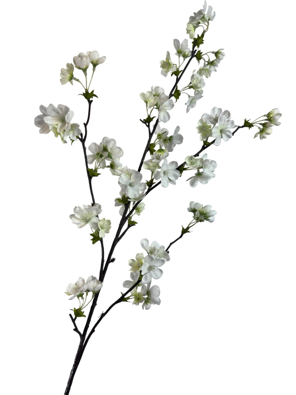Artificial Bloom decorative cherry blossom branch with delicate white silk-like petals on a dark textured stem.