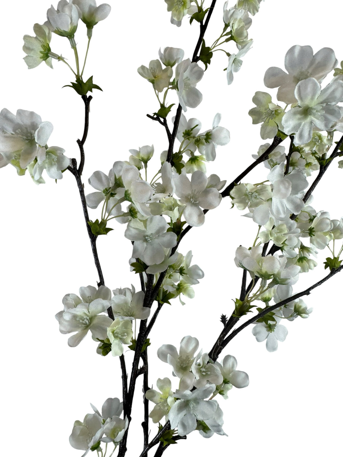 Artificial Bloom decorative cherry blossom branch with soft white silk-like petals on dark textured stems