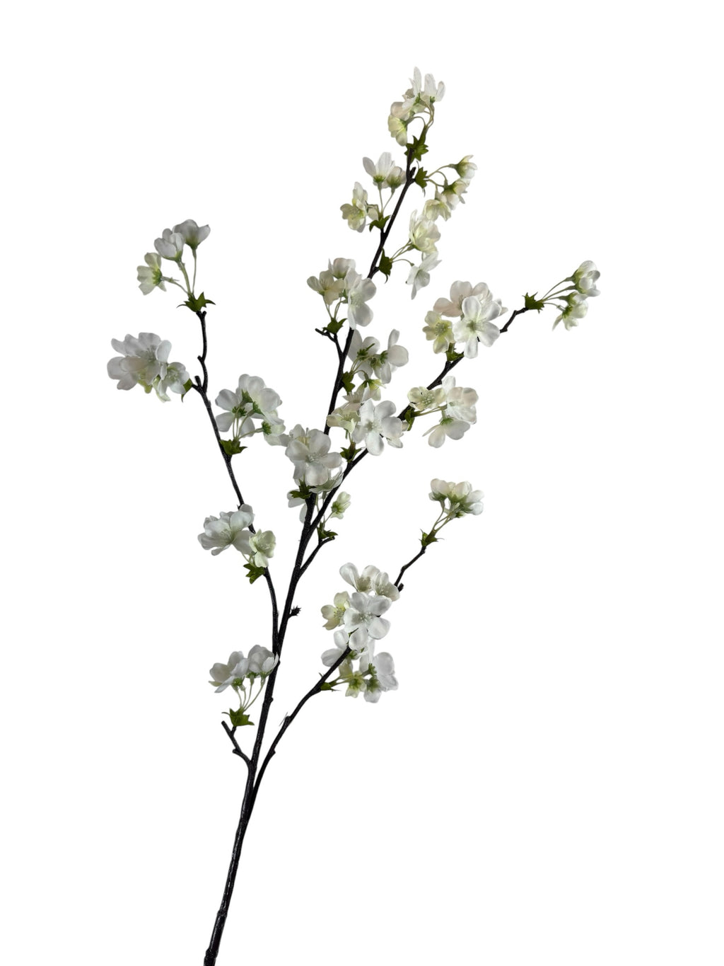 Artificial Bloom decorative cherry blossom branch with delicate white silk-like petals on a dark textured stem.