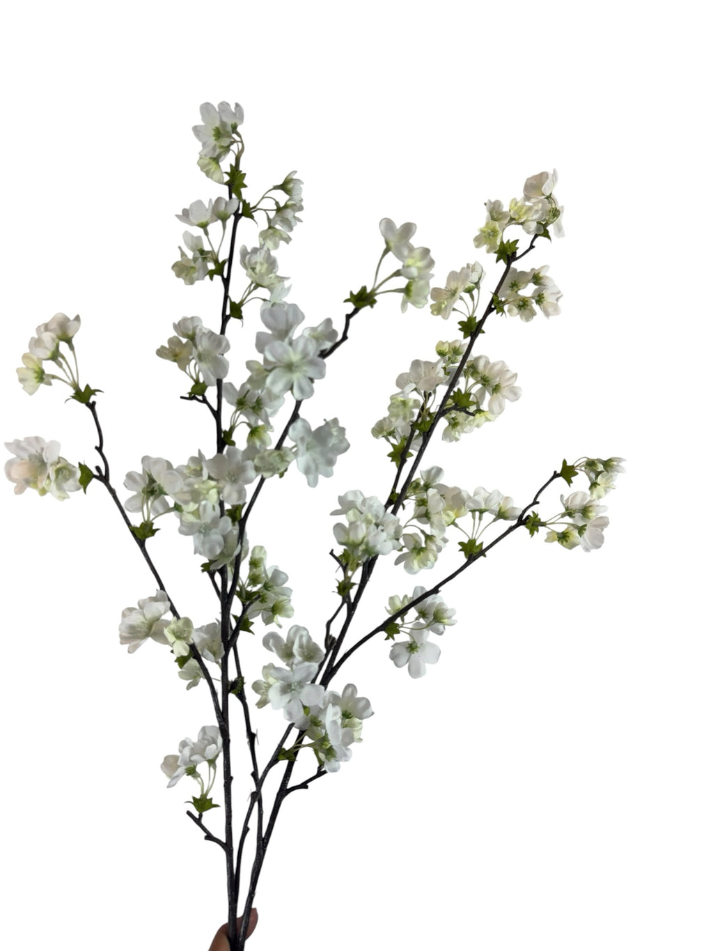 Artificial Bloom decorative cherry blossom branch with delicate white silk-like petals on dark textured stems.